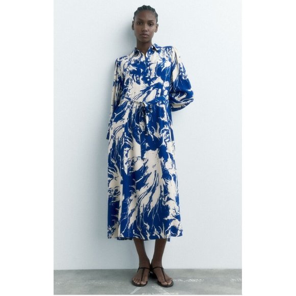 Zara Dresses & Skirts - Zara The Emilie Printed Midi Shirt Dress Blue White 3/4 sleeve Fit Flare Med